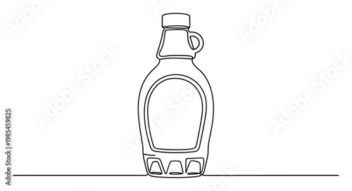Single continuous line drawing illustrating a classic maple syrup bottle with a handle and cap, ideal for food packaging, recipe book covers, or breakfast menu branding.
