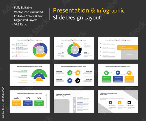 Multiple presentation slides showcasing diverse infographic layouts for business data visualization