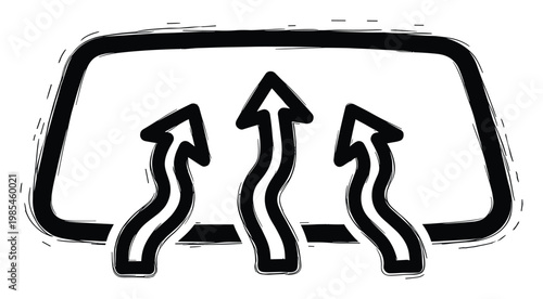 Sketchy black and white defroster symbol with wavy arrows rising inside a rectangular frame, representing windshield heating for clear visibility in automotive dashboards and user