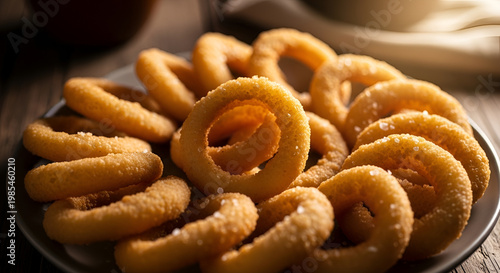 Delicious crispy onion rings on plate.