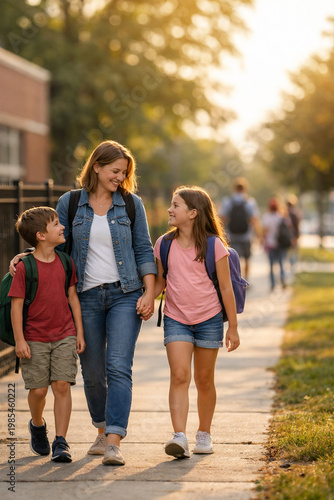 Mother Walking Children to School on Sunny Morning – Happy Family and Education Concept