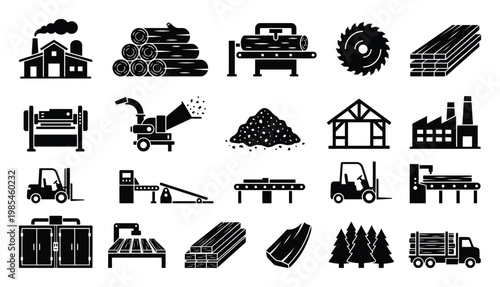 Timber processing industry glyph icons illustrating the entire lumber production process from forest to finished wood products for various business and educational applications.