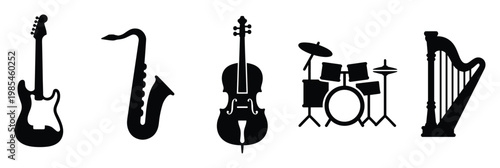 Silhouette collection of diverse musical instruments featuring electric guitar saxophone cello drum kit and harp for music themed projects concert posters or educational resources