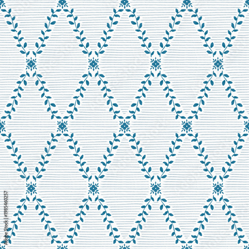 Blue vintage floral lattice seamless pattern, vector abstract geometric pattern with plant branches.