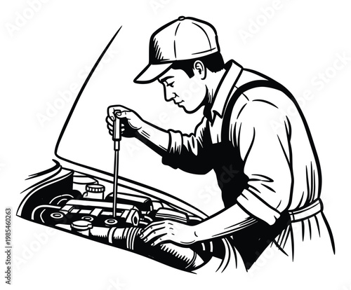 An Asian mechanic in a cap and uniform diligently works on a car engine under the open hood, performing vehicle maintenance and automotive repair services, perfect for workshop