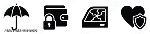 Essential insurance and security icons umbrella protection locked wallet financial safety cracked car auto coverage shielded heart health assurance ideal for digital platforms and print.