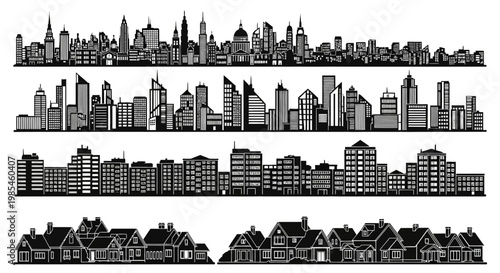 A detailed black cityscape illustration features multiple rows of buildings showcasing diverse architectural styles with a striking silhouette high quality professional modern elegant stylish