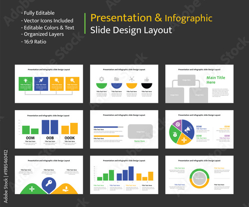 Professional presentation layouts with bar charts, pie charts, and data points for statistical analysis