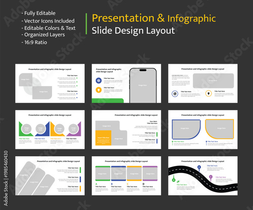 Professional presentation template with various slide layouts featuring device mockups and image placeholders