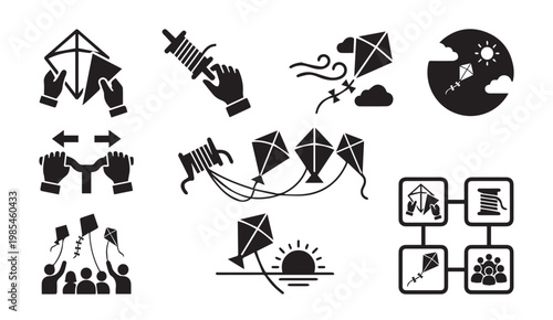 Kite flying icons: crafting flying festival celebration with crafting, festival