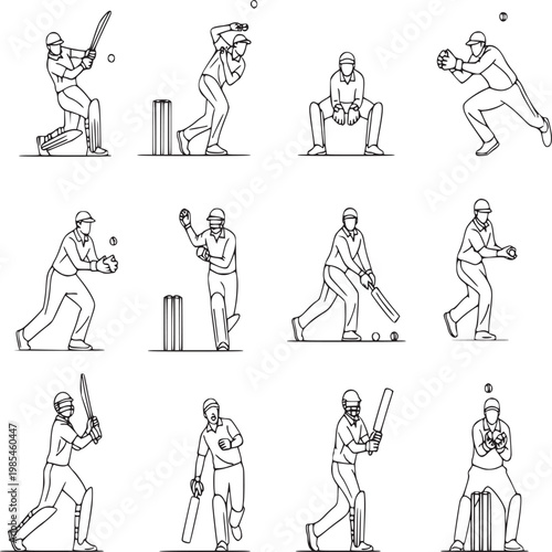 vector illustration of baseball player actions set in various batting and fielding poses