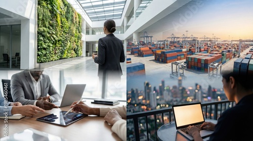 Global business logistics concept modern office collaboration shipping container port remote worker with laptop corporate strategy meeting digital tablet analysis international