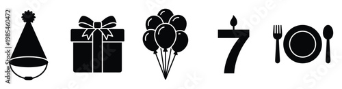 Birthday celebration event concept with party hat gift balloons seven candle and dinnerware symbols perfect for anniversary invitations greeting cards and marketing materials