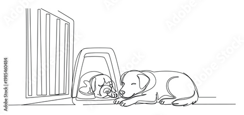 Continuous line drawing portraying a large dog sleeping peacefully beside its smaller puppy resting inside a pet carrier, symbolizing companionship and animal welfare for pet industry