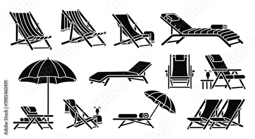 Collection of various beach and lounge chairs with sun umbrellas perfect for vacation resort advertisements travel brochures and summer season promotions
