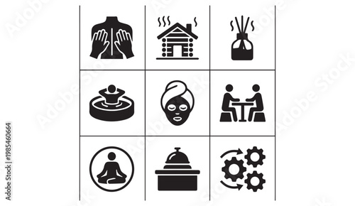 Wellness and spa icons with wellness relaxation treatment diffuser fountain