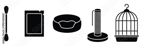 Assortment of domestic items and animal grooming essentials portrayed in a clean black silhouette icon style for use in mobile apps, presentations, and product listings