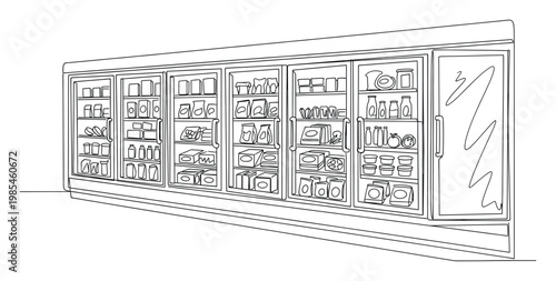 Continuous line drawing of a long grocery store refrigerator display case filled with diverse packaged food items perfect for depicting retail environments and food shopping concepts.