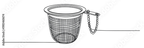 Continuous line drawing of a metal tea infuser with a mesh basket and chain, perfect for beverage related content or kitchen utensil concepts