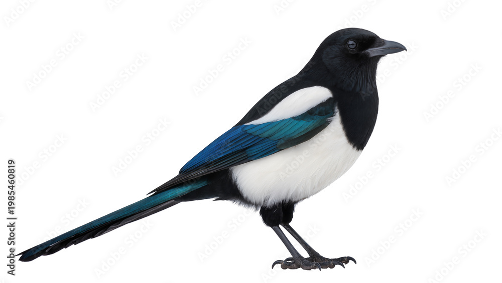 Fototapeta premium Black Eurasian Magpie Bird with White Wing Patches and Blue Feathers