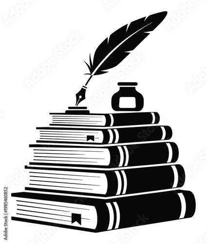 Monochromatic vector graphic depicting a stack of books, a feather quill pen, and an inkwell, symbolizing education, knowledge, and literature for academic or writing projects.