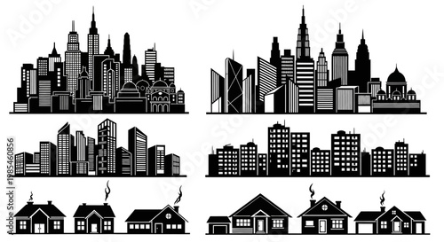 A collection of detailed black cityscapes and suburban houses are depicted in a striking minimalist style silhouette high quality professional modern elegant stylish clean
