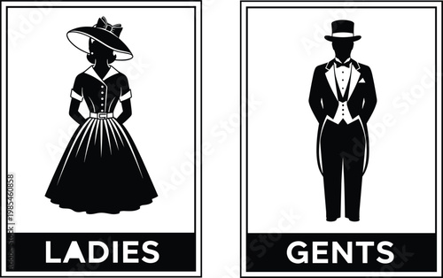Vector Illustration of Vintage Style Ladies and Gents Restroom Signage Featuring Elegant Silhouettes of Woman in Dress and Man in Tuxedo