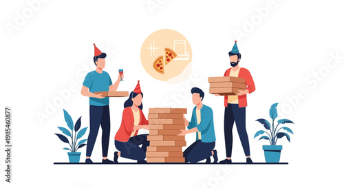 Group of Friends Playing Jenga and Sharing Pizza at Social Gathering