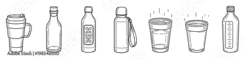 Handdrawn line art illustration set featuring various beverage containers including insulated bottles, coffee travel mugs, and drinking glasses, perfect for promoting hydration and healthy