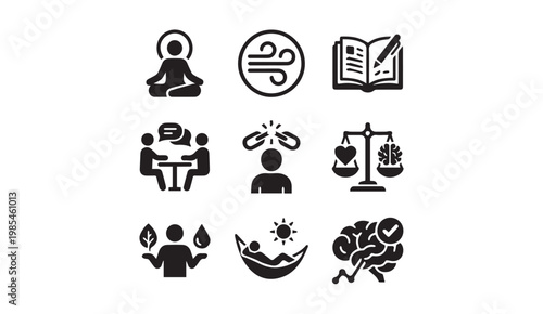 Wellness and mental health therapy icon set for mindfulness with wellness
