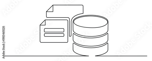 Stylized continuous line artwork showing documents and a database server indicating information flow, data storage, and digital processing for computing and business analytics
