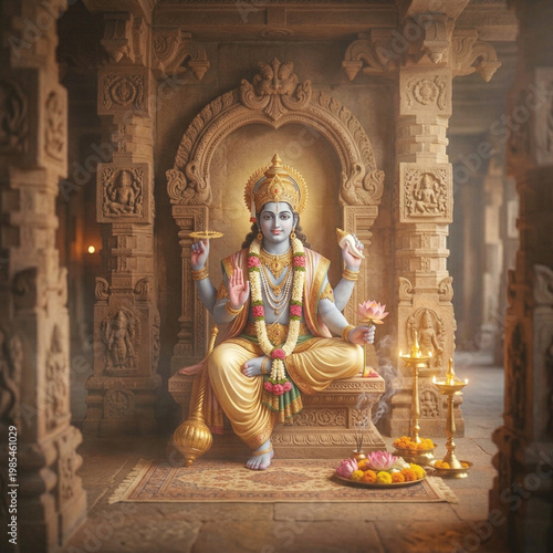 Lord Vishnu Seated in an Ancient Stone Temple with Holy Offerings
