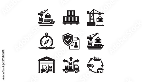 Logistics and global shipping supply chain black icon set with logistics
