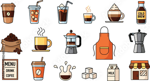 Coffee Drinks and Cafe Equipment Vector Set Featuring Espresso Cold Brew Cups Beans and Brewing Tools