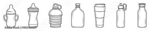 A diverse collection of handdrawn outline bottle designs including baby bottles, a travel mug, sports bottle, and other beverage containers perfect for graphic assets.