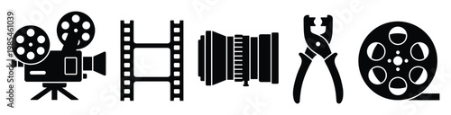 Essential movie production equipment silhouettes including a vintage film camera, film strip, camera lens, editing pliers, and film reel for graphic design and media projects.