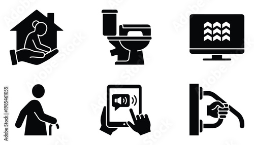 Comprehensive set of universal design glyphs illustrating home accessibility, elder care, smart technology, and assistive living solutions for diverse applications and service presentations