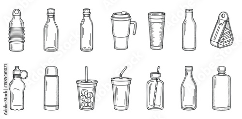 Various drink containers like water bottles coffee mugs glass tumblers and thermoses in a clean line drawing style suitable for environmental and beverage related creative endeavors