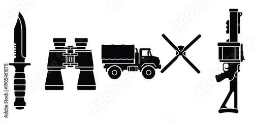 Essential military and outdoor survival equipment vector icons featuring a combat knife, binoculars, transport truck, helicopter rotor, and heavy launcher, suitable for defense or adventure