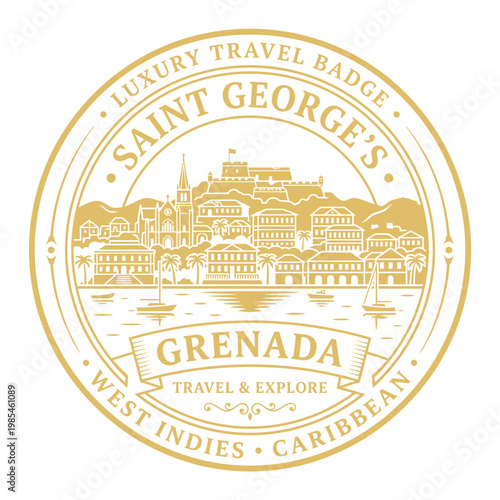 Saint George's Grenada travel emblem featuring waterfront city skyline gold vector illustration