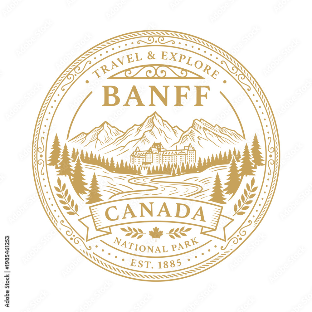 Obraz premium Vintage Banff National Park Canada travel emblem with mountain landscape vector illustration