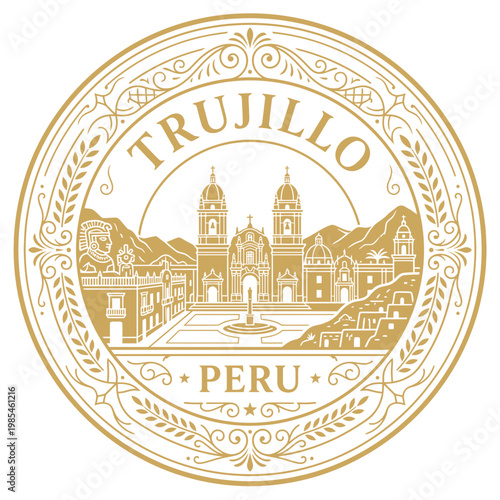 Trujillo Peru city emblem with cathedral and historic landmarks in gold line art vector
