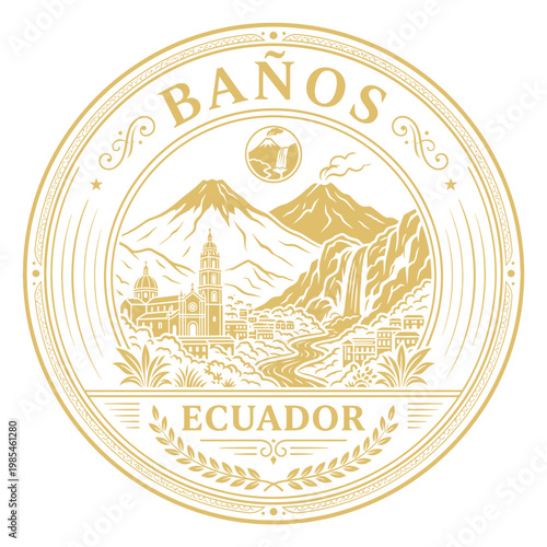 Vintage gold Banos Ecuador circular emblem with mountain landscape vector illustration