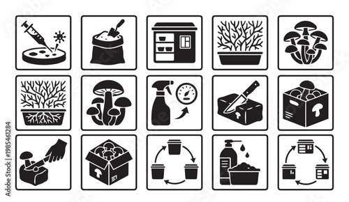 Mushroom farming and laboratory cultivation process icon set with mushroom