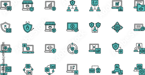 Digital payment and fintech services line icon set featuring secure transactions ecommerce banking technology and financial systems