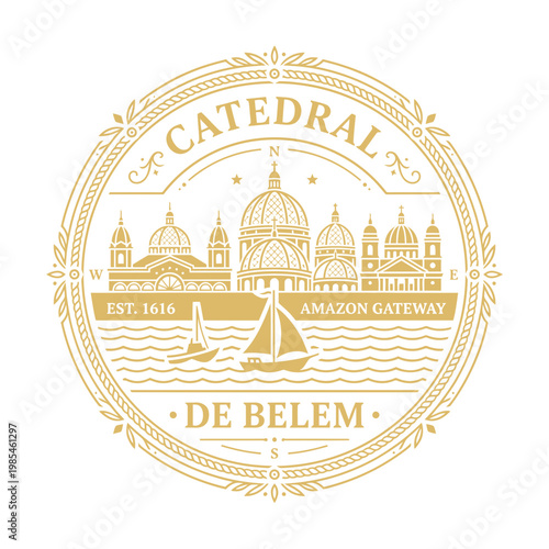 Vintage gold Catedral de Belem landmark emblem with sailboats and compass vector illustration