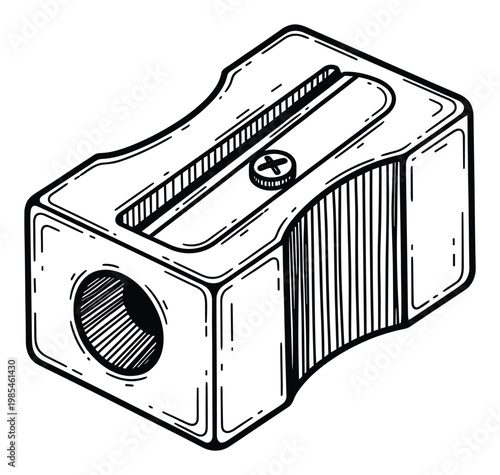 Detailed line drawing of a traditional manual pencil sharpener featuring a single opening and metal blade, ideal for educational materials, office supply catalogs, and backtoschool themes.