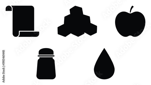 Minimalist black silhouette icons set featuring a scroll, hexagonal blocks, an apple, a salt shaker, and a water drop, perfect for web, app, and general graphic design applications.
