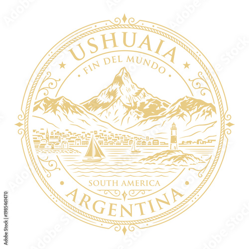 Vintage gold Ushuaia Argentina travel emblem with lighthouse and mountains vector illustration