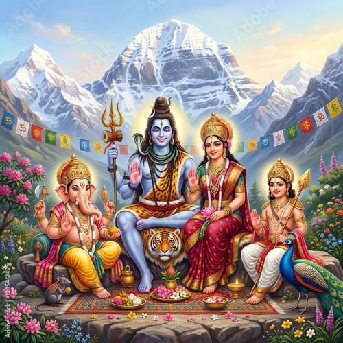 The Divine Shiva Family (Shiva, Parvati, Ganesha, Kartikeya) at Mount Kailash